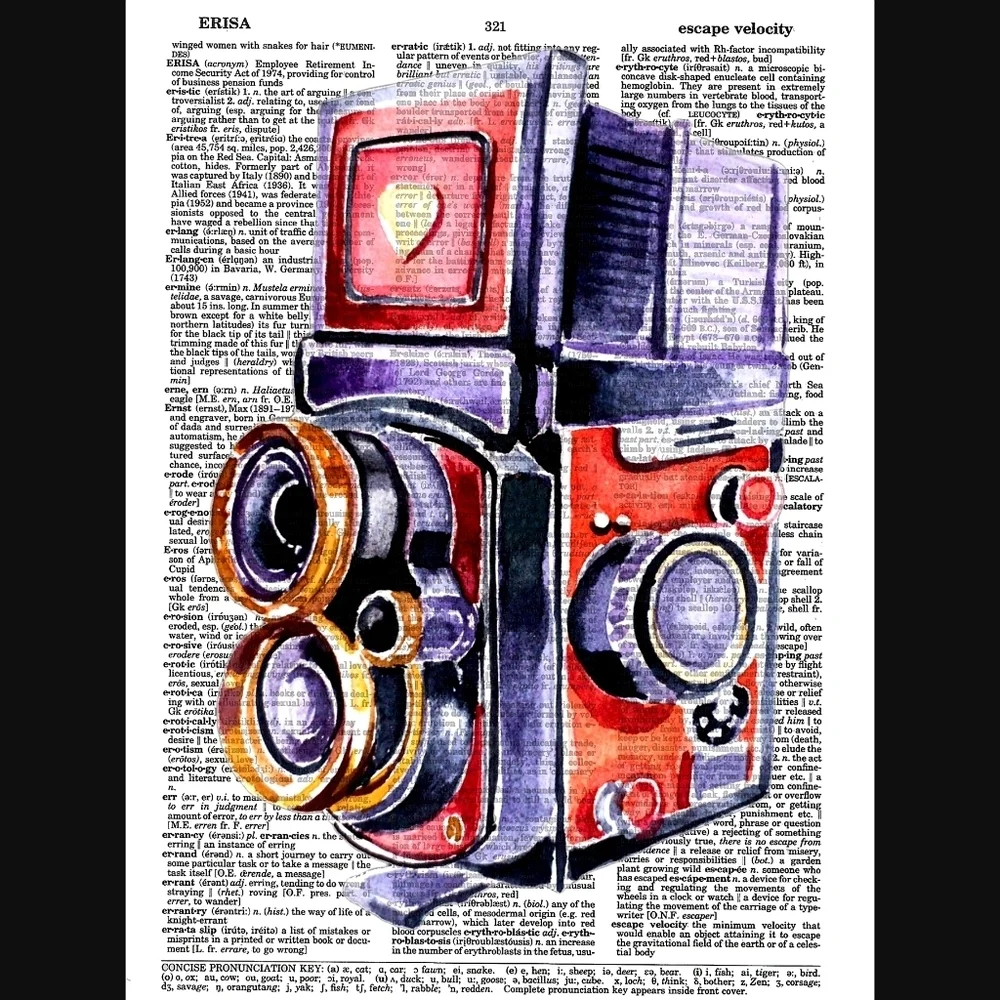 Watercolor Vintage Camera Dictionary Art Print